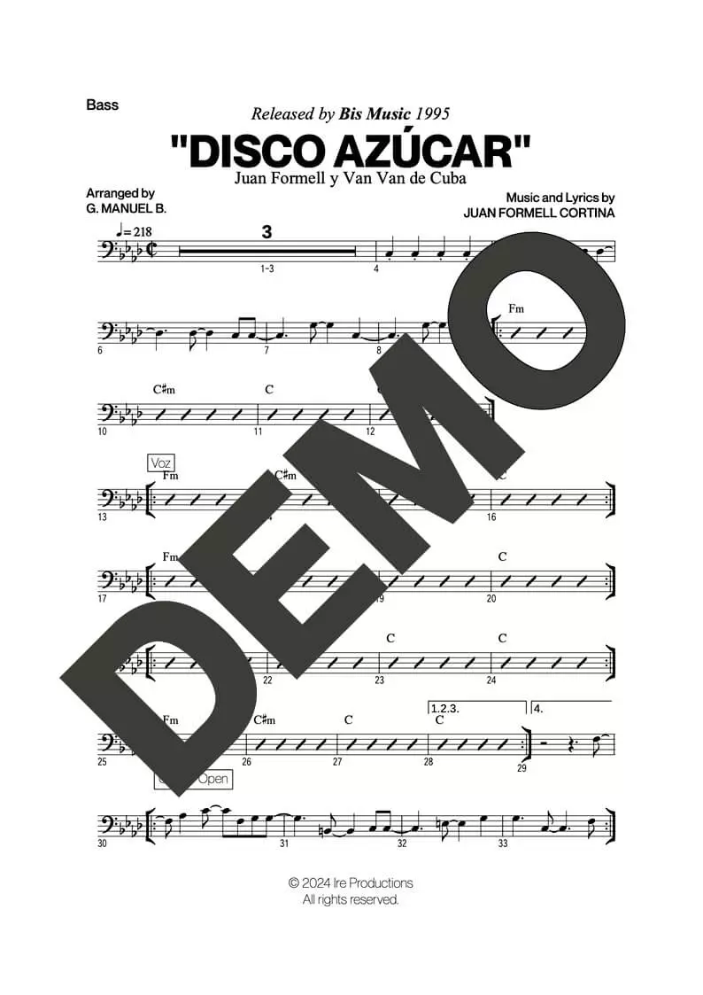 Los Van Van – Disco Azúcar – Sheet Music Demo Page 3 (PDF) – Includes charts for Trumpets, Trombones, Saxophone, Piano and Bass