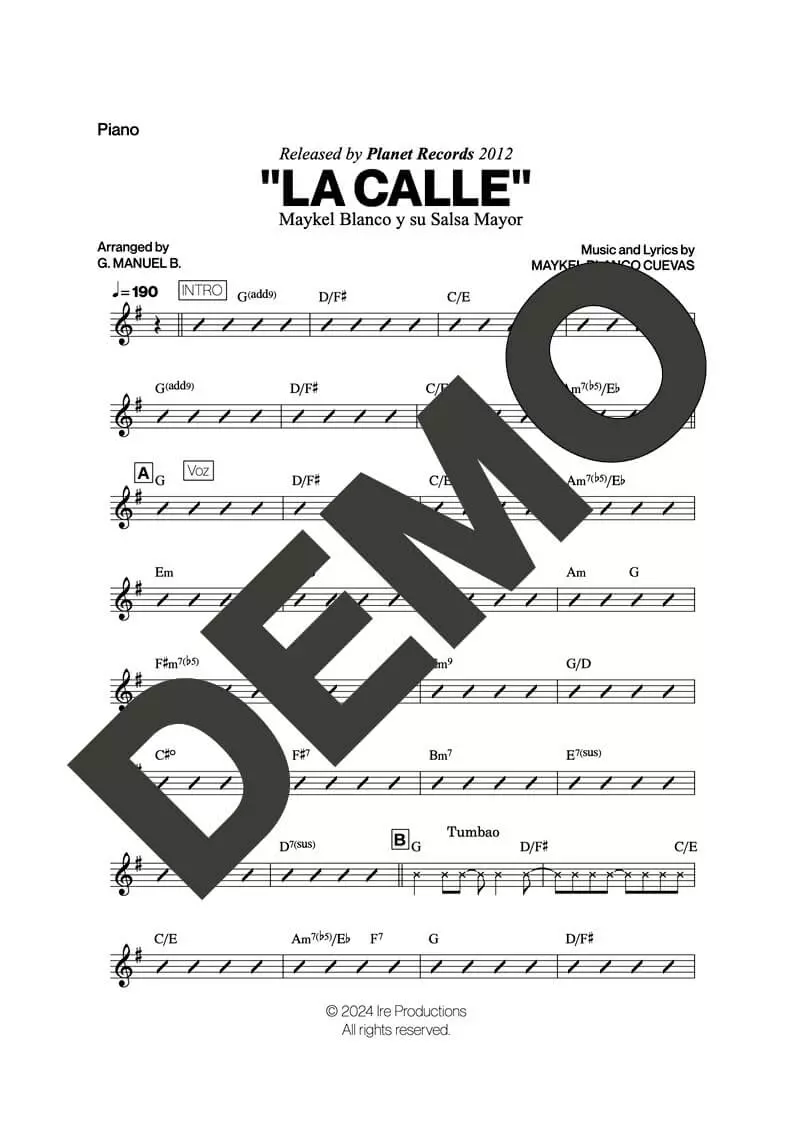 Maykel Blanco y su Salsa Mayor – La Calle – Sheet Music Demo Page 2 (PDF) – Includes charts for Trumpets, Trombones, Saxophone, Piano and Bass