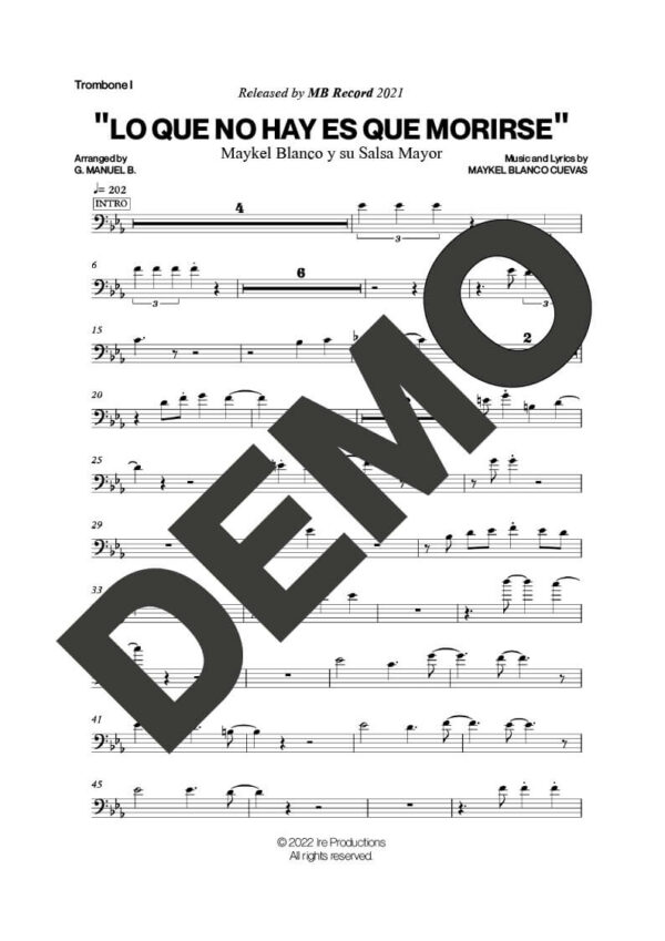 Maykel Blanco y su Salsa Mayor – Lo Que No Hay Es Que Morirse – Sheet Music Demo Page 2 (PDF) – Includes charts for Trumpets, Trombones, Saxophone, Piano and Bass