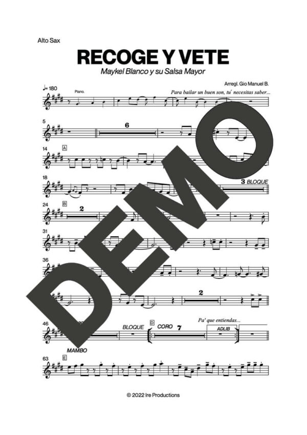Maykel Blanco y su Salsa Mayor – Recoge y Vete – Sheet Music Demo Page 5 (PDF) – Includes charts for Trumpets, Trombones, Saxophone, Piano and Bass