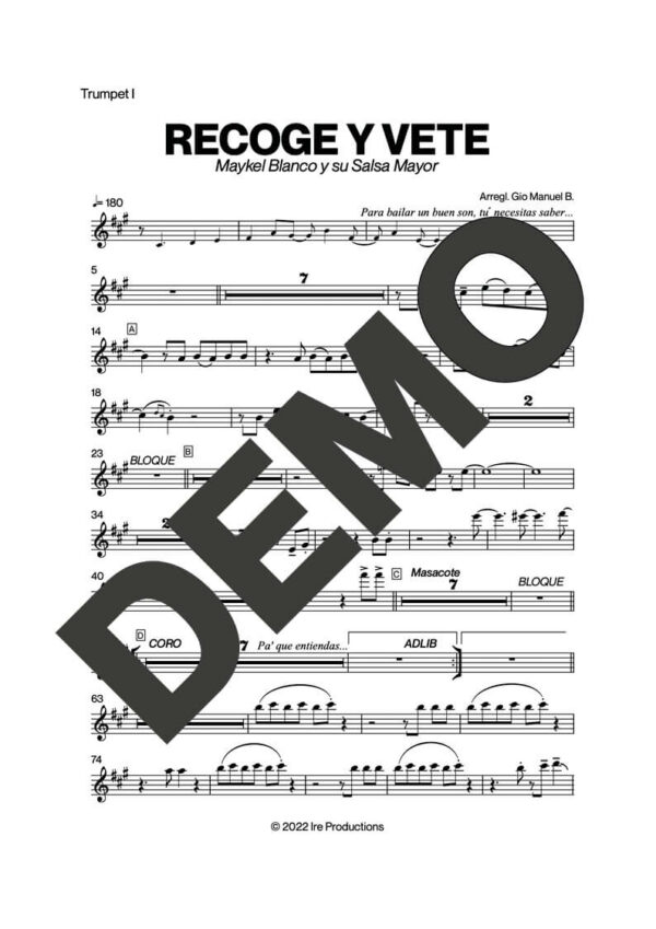 Maykel Blanco y su Salsa Mayor – Recoge y Vete – Sheet Music Demo Page 4 (PDF) – Includes charts for Trumpets, Trombones, Saxophone, Piano and Bass