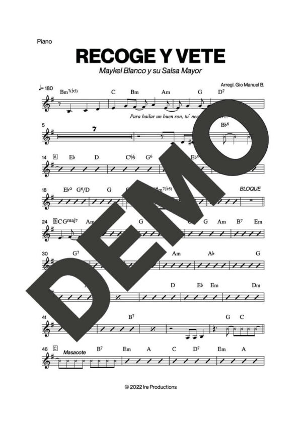 Maykel Blanco y su Salsa Mayor – Recoge y Vete – Sheet Music Demo Page 2 (PDF) – Includes charts for Trumpets, Trombones, Saxophone, Piano and Bass