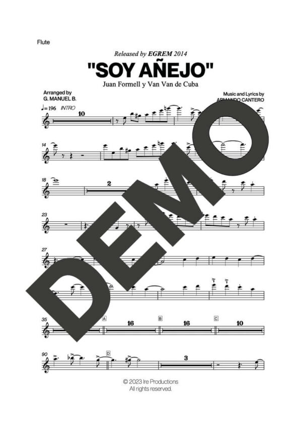 Los Van Van|Mandy Cantero – Soy Añejo – First Page of Sheet Music Preview (PDF) – Includes charts for Trumpets, Trombones, Saxophone, Piano and Bass