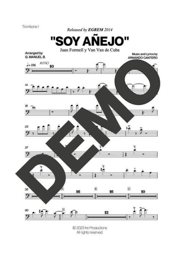 Los Van Van|Mandy Cantero – Soy Añejo – Sheet Music Demo Page 2 (PDF) – Includes charts for Trumpets, Trombones, Saxophone, Piano and Bass