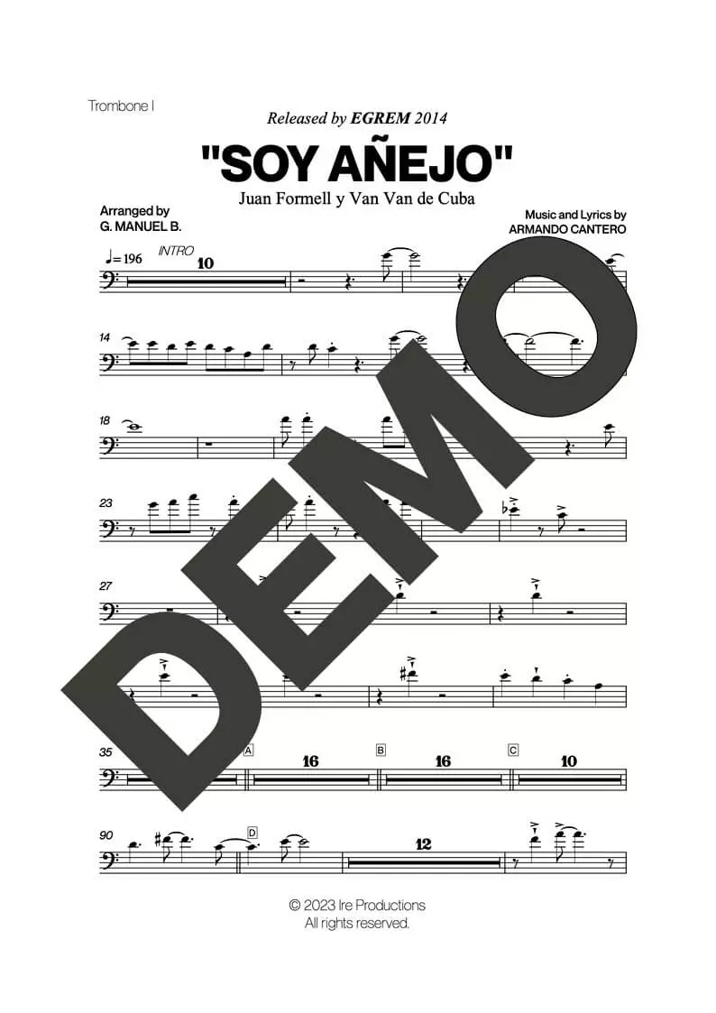 Los Van Van|Mandy Cantero – Soy Añejo – Sheet Music Demo Page 2 (PDF) – Includes charts for Trumpets, Trombones, Saxophone, Piano and Bass