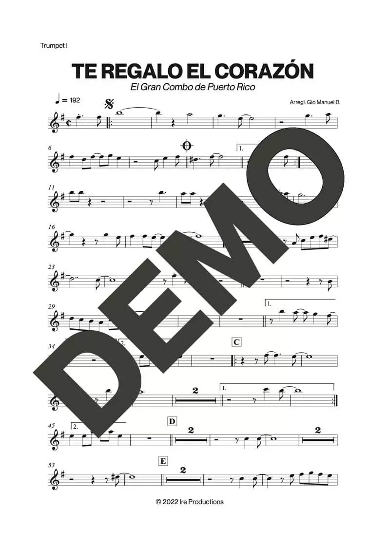 El Gran Combo de Puerto Rico – Te Regalo el Corazón – Sheet Music Demo Page 1 (PDF) – Includes charts for Trumpets, Trombones, Saxophone, Piano and Bass