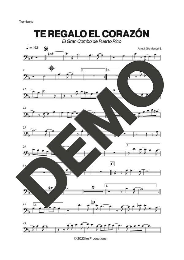 El Gran Combo de Puerto Rico – Te Regalo el Corazón – Sheet Music Demo Page 2 (PDF) – Includes charts for Trumpets, Trombones, Saxophone, Piano and Bass