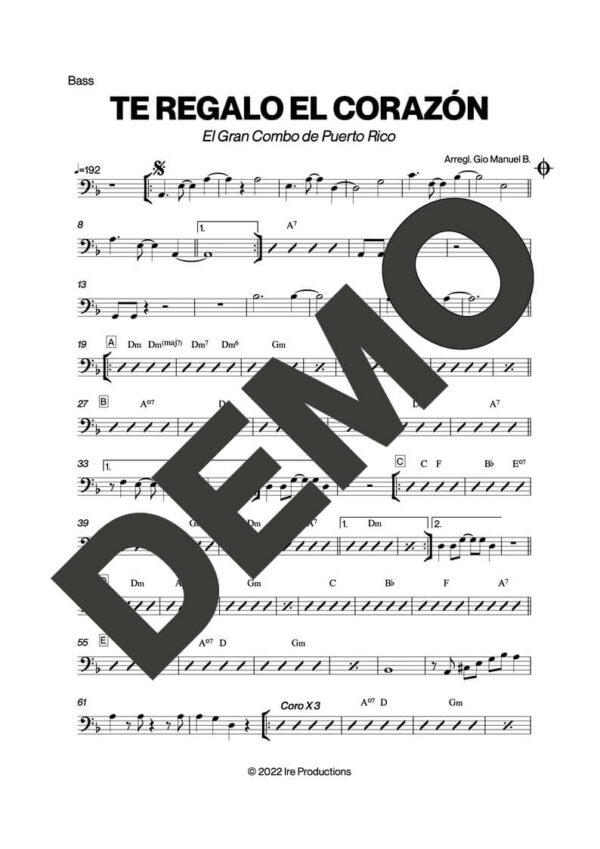 El Gran Combo de Puerto Rico – Te Regalo el Corazón – Sheet Music Demo Page 4 (PDF) – Includes charts for Trumpets, Trombones, Saxophone, Piano and Bass