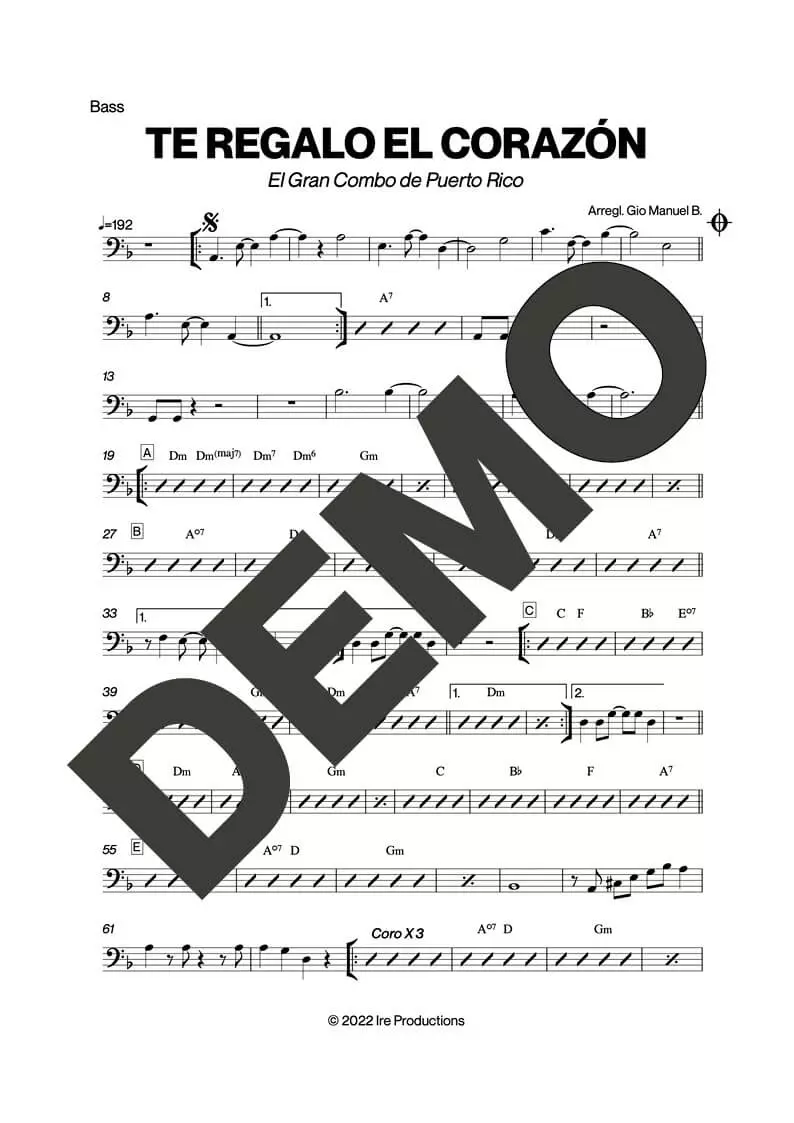 El Gran Combo de Puerto Rico – Te Regalo el Corazón – Sheet Music Demo Page 4 (PDF) – Includes charts for Trumpets, Trombones, Saxophone, Piano and Bass