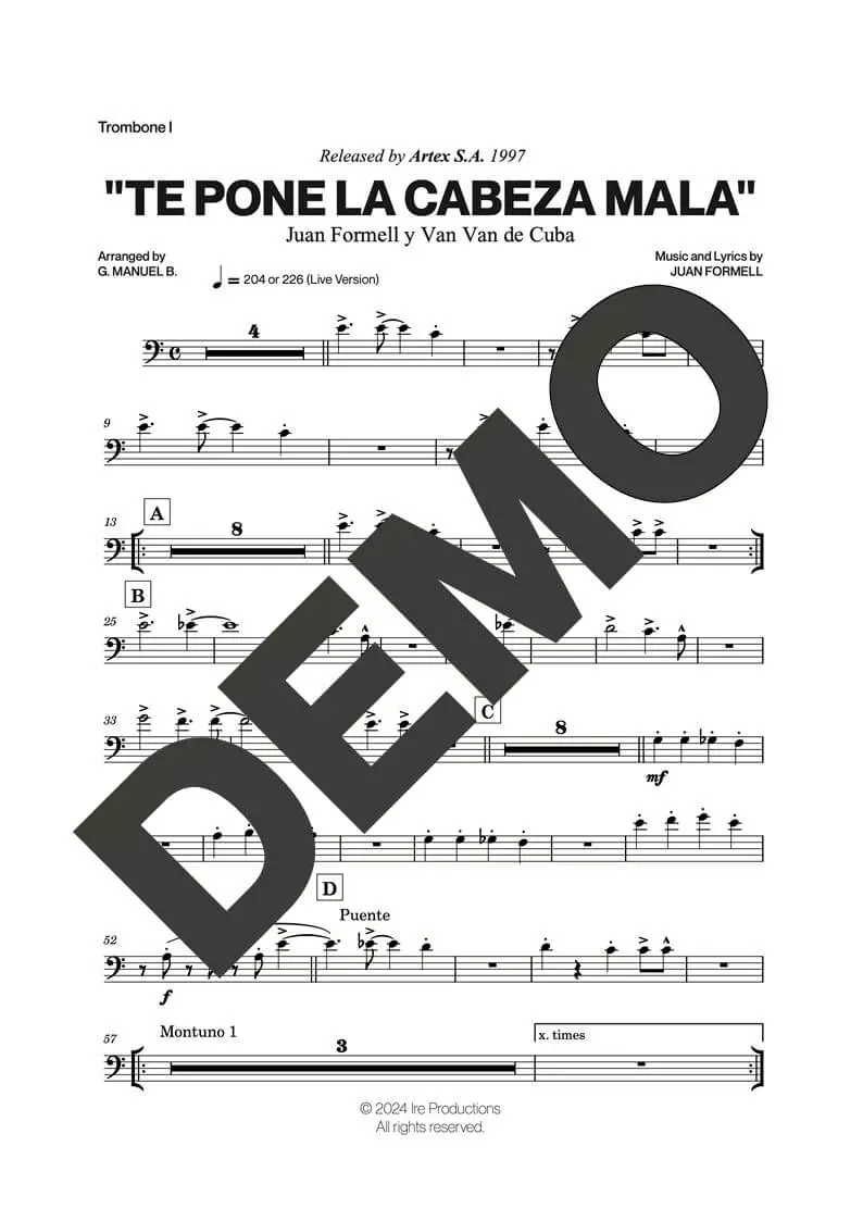 Los Van Van – (Esto) Te Pone la Cabeza Mala – Sheet Music Demo Page 3 (PDF) – Includes charts for Trumpets, Trombones, Saxophone, Piano and Bass