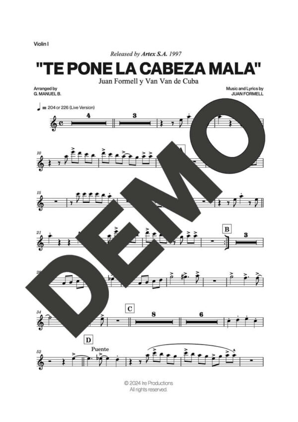 Los Van Van – (Esto) Te Pone la Cabeza Mala – Sheet Music Demo Page 4 (PDF) – Includes charts for Trumpets, Trombones, Saxophone, Piano and Bass
