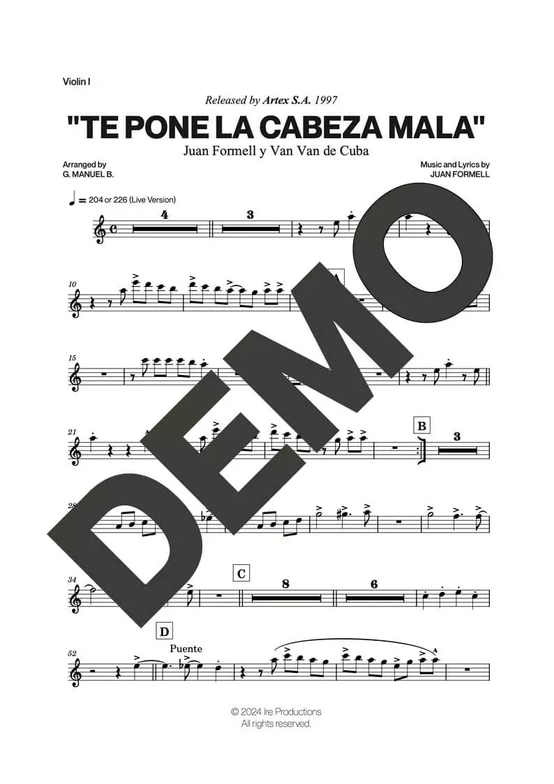 Los Van Van – (Esto) Te Pone la Cabeza Mala – Sheet Music Demo Page 4 (PDF) – Includes charts for Trumpets, Trombones, Saxophone, Piano and Bass