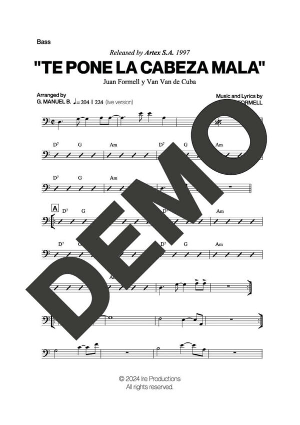 Los Van Van – (Esto) Te Pone la Cabeza Mala – Sheet Music Demo Page 1 (PDF) – Includes charts for Trumpets, Trombones, Saxophone, Piano and Bass