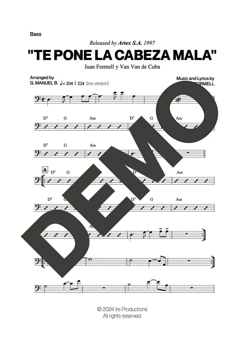 Los Van Van – (Esto) Te Pone la Cabeza Mala – Sheet Music Demo Page 1 (PDF) – Includes charts for Trumpets, Trombones, Saxophone, Piano and Bass