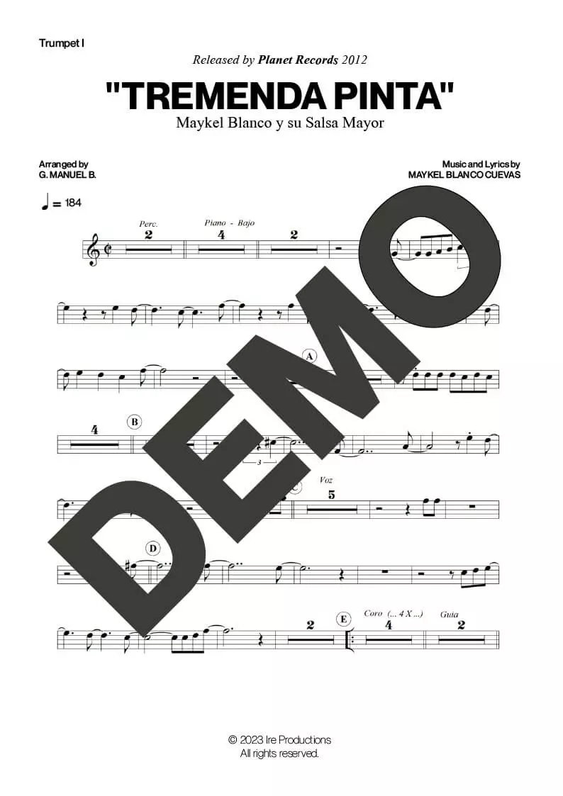 Maykel Blanco y su Salsa Mayor – Tremenda Pinta – First Page of Sheet Music Preview (PDF) – Includes charts for Trumpets, Trombones, Saxophone, Piano and Bass