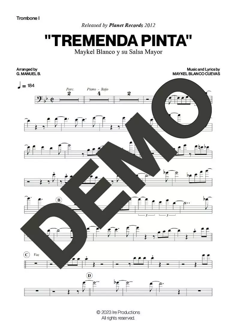 Maykel Blanco y su Salsa Mayor – Tremenda Pinta – Sheet Music Demo Page 1 (PDF) – Includes charts for Trumpets, Trombones, Saxophone, Piano and Bass