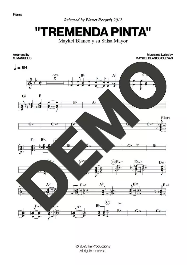 Maykel Blanco y su Salsa Mayor – Tremenda Pinta – Sheet Music Demo Page 2 (PDF) – Includes charts for Trumpets, Trombones, Saxophone, Piano and Bass