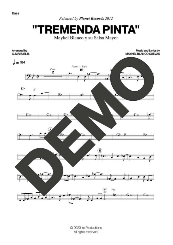 Maykel Blanco y su Salsa Mayor – Tremenda Pinta – Sheet Music Demo Page 3 (PDF) – Includes charts for Trumpets, Trombones, Saxophone, Piano and Bass