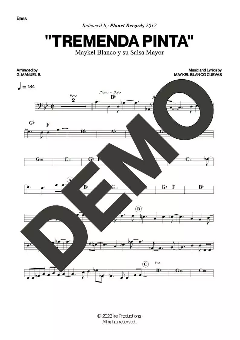 Maykel Blanco y su Salsa Mayor – Tremenda Pinta – Sheet Music Demo Page 3 (PDF) – Includes charts for Trumpets, Trombones, Saxophone, Piano and Bass