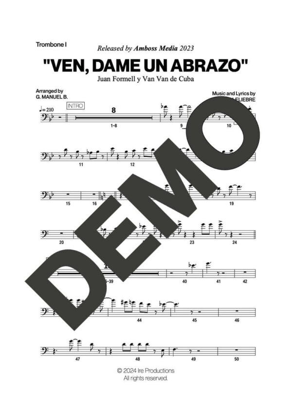 Los Van Van|Mandy Cantero – Ven, Dame un Abrazo – First Page of Sheet Music Preview (PDF) – Includes charts for Trumpets, Trombones, Saxophone, Piano and Bass