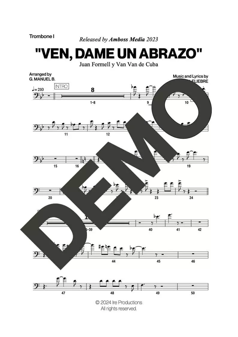 Los Van Van|Mandy Cantero – Ven, Dame un Abrazo – First Page of Sheet Music Preview (PDF) – Includes charts for Trumpets, Trombones, Saxophone, Piano and Bass