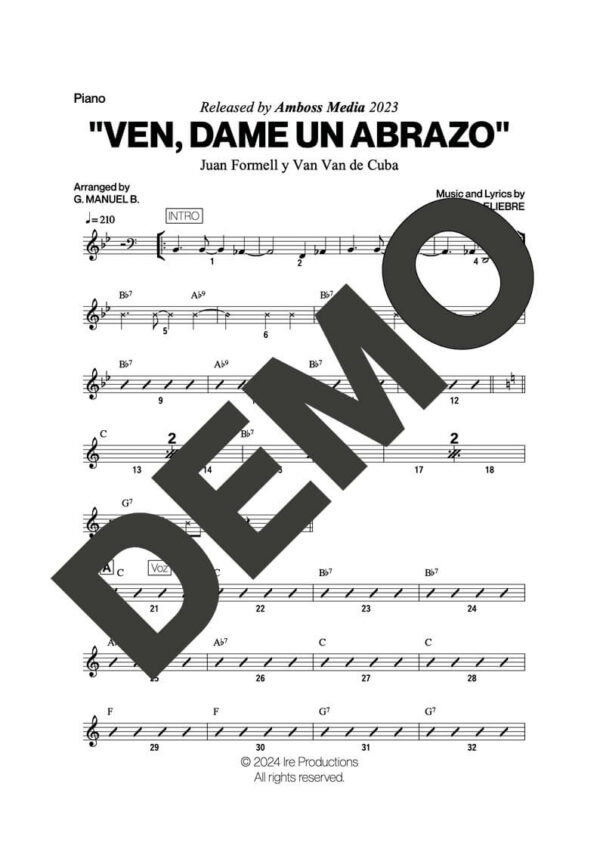 Los Van Van|Mandy Cantero – Ven, Dame un Abrazo – Sheet Music Demo Page 1 (PDF) – Includes charts for Trumpets, Trombones, Saxophone, Piano and Bass