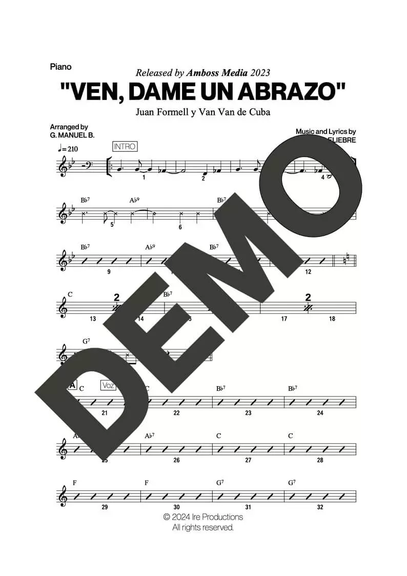 Los Van Van|Mandy Cantero – Ven, Dame un Abrazo – Sheet Music Demo Page 1 (PDF) – Includes charts for Trumpets, Trombones, Saxophone, Piano and Bass