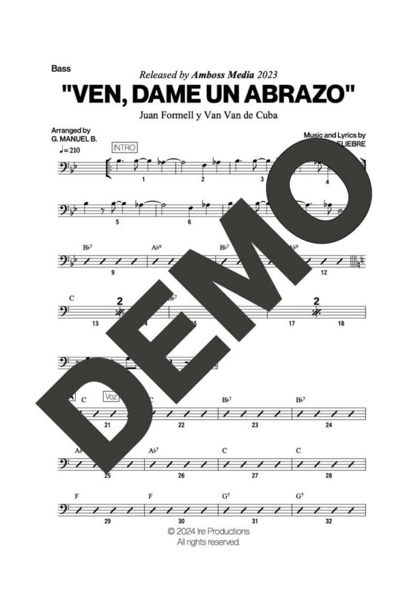 Los Van Van|Mandy Cantero – Ven, Dame un Abrazo – Sheet Music Demo Page 2 (PDF) – Includes charts for Trumpets, Trombones, Saxophone, Piano and Bass