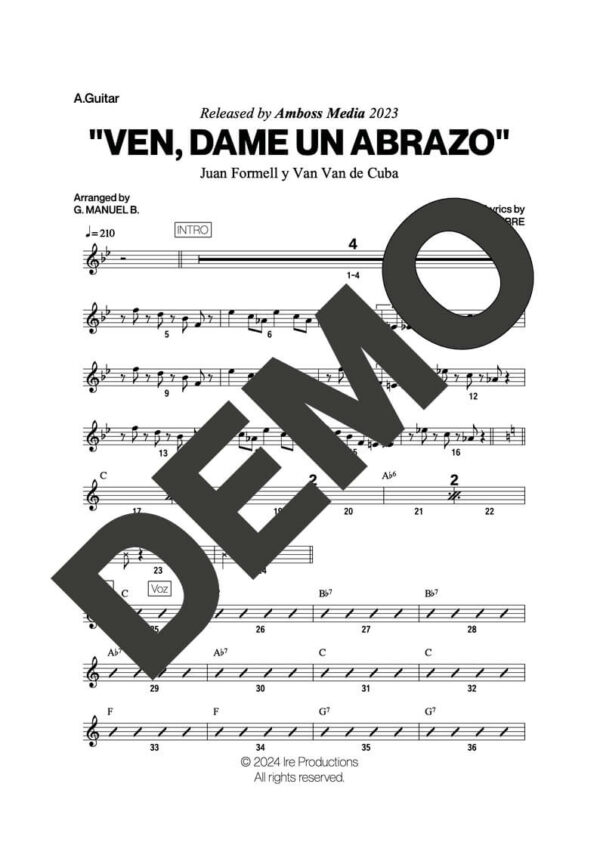 Los Van Van|Mandy Cantero – Ven, Dame un Abrazo – Sheet Music Demo Page 3 (PDF) – Includes charts for Trumpets, Trombones, Saxophone, Piano and Bass