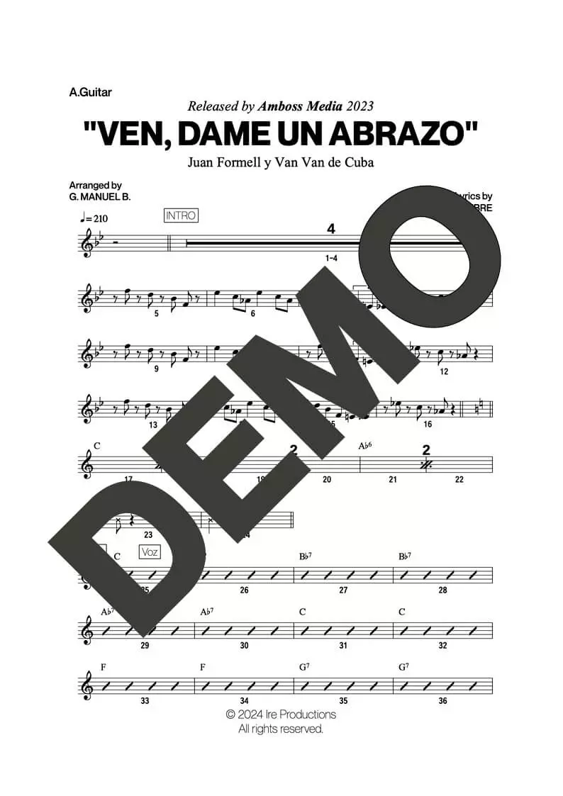 Los Van Van|Mandy Cantero – Ven, Dame un Abrazo – Sheet Music Demo Page 3 (PDF) – Includes charts for Trumpets, Trombones, Saxophone, Piano and Bass