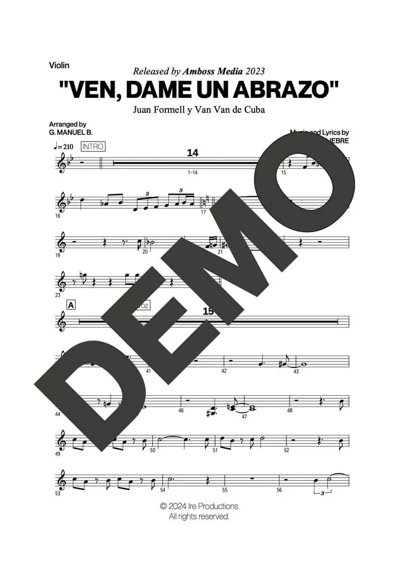 Los Van Van|Mandy Cantero – Ven, Dame un Abrazo – Sheet Music Demo Page 5 (PDF) – Includes charts for Trumpets, Trombones, Saxophone, Piano and Bass