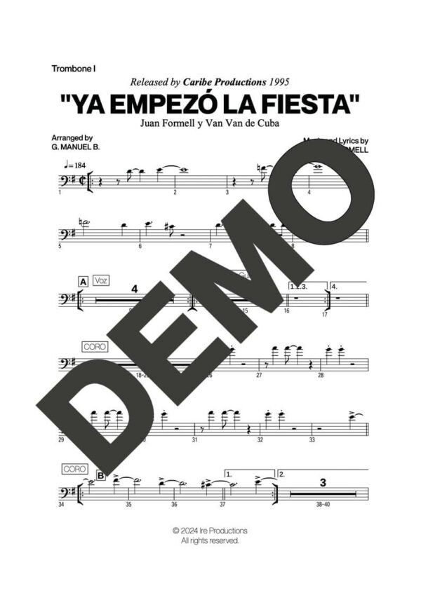 Los Van Van – Ya Empezó La Fiesta – First Page of Sheet Music Preview (PDF) – Includes charts for Trumpets, Trombones, Saxophone, Piano and Bass