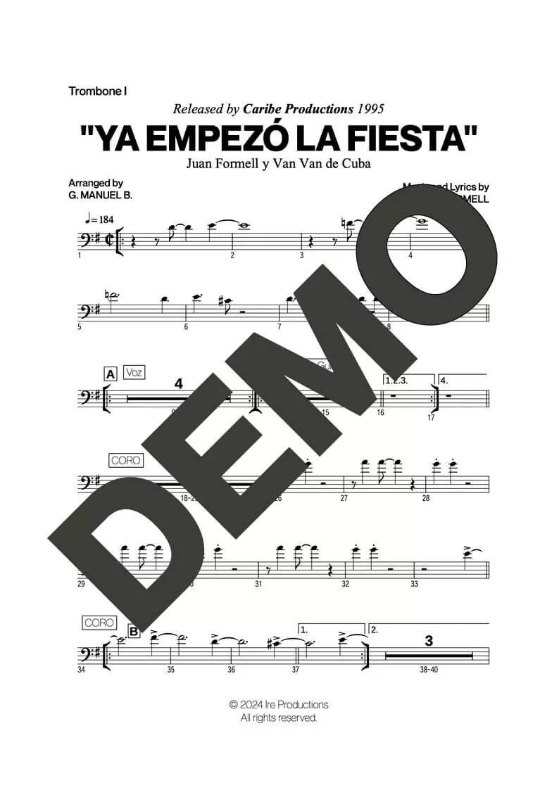 Los Van Van – Ya Empezó La Fiesta – First Page of Sheet Music Preview (PDF) – Includes charts for Trumpets, Trombones, Saxophone, Piano and Bass