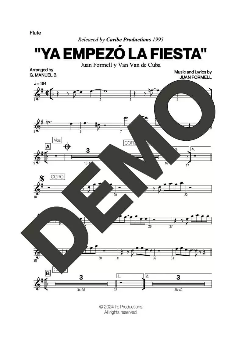 Los Van Van – Ya Empezó La Fiesta – Sheet Music Demo Page 1 (PDF) – Includes charts for Trumpets, Trombones, Saxophone, Piano and Bass