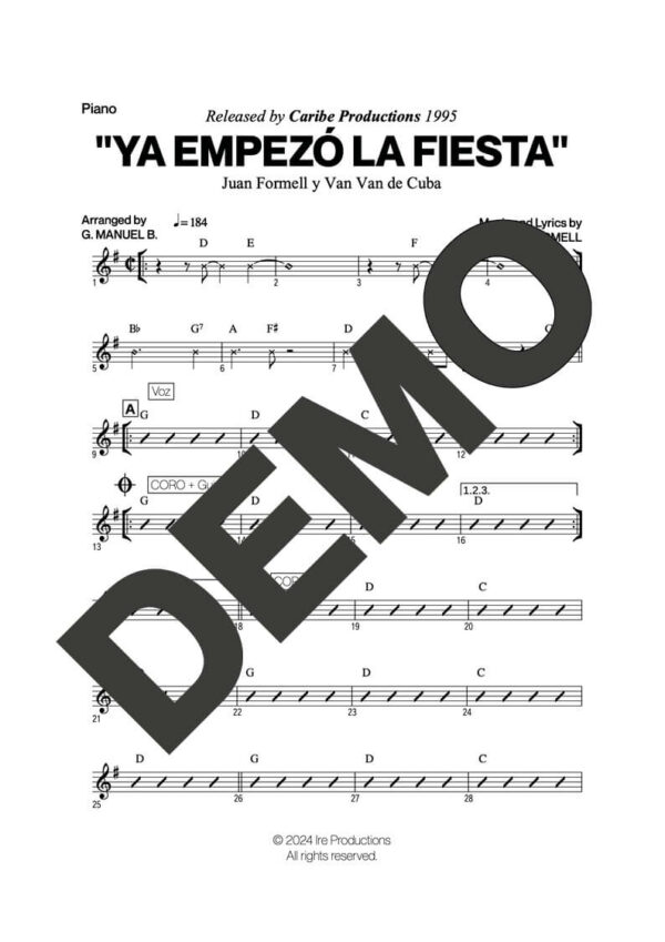 Los Van Van – Ya Empezó La Fiesta – Sheet Music Demo Page 2 (PDF) – Includes charts for Trumpets, Trombones, Saxophone, Piano and Bass
