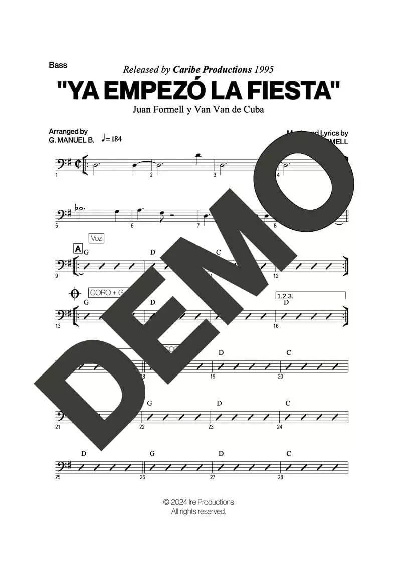 Los Van Van – Ya Empezó La Fiesta – Sheet Music Demo Page 3 (PDF) – Includes charts for Trumpets, Trombones, Saxophone, Piano and Bass