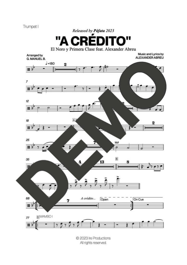 Alexander Abreu|El Noro y Primera Clase – A Crédito feat. El Noro – Sheet Music Demo Page 1 (PDF) – Includes charts for Trumpets, Trombones, Saxophone, Piano and Bass
