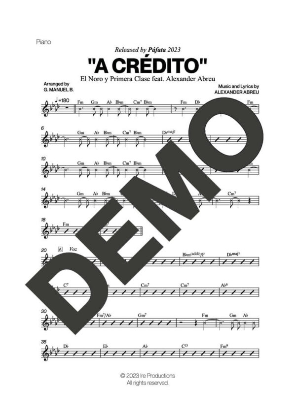 Alexander Abreu|El Noro y Primera Clase – A Crédito feat. El Noro – Sheet Music Demo Page 3 (PDF) – Includes charts for Trumpets, Trombones, Saxophone, Piano and Bass