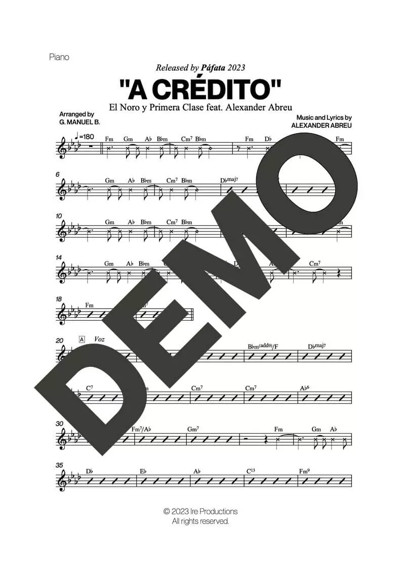 Alexander Abreu|El Noro y Primera Clase – A Crédito feat. El Noro – Sheet Music Demo Page 3 (PDF) – Includes charts for Trumpets, Trombones, Saxophone, Piano and Bass