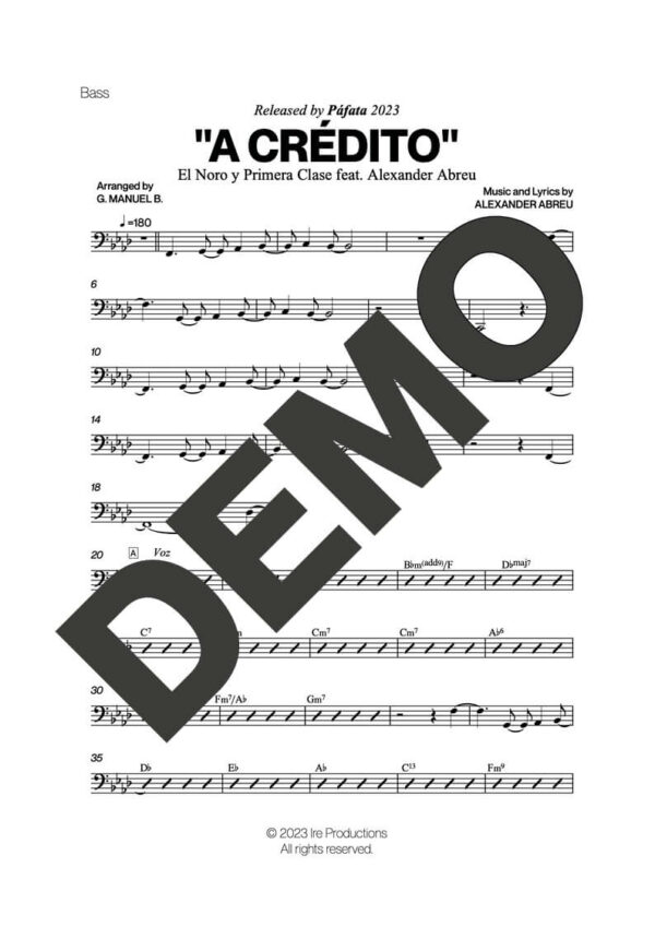 Alexander Abreu|El Noro y Primera Clase – A Crédito feat. El Noro – Sheet Music Demo Page 5 (PDF) – Includes charts for Trumpets, Trombones, Saxophone, Piano and Bass