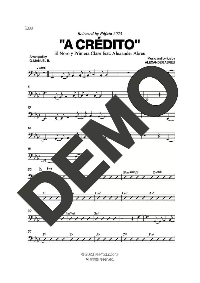 Alexander Abreu|El Noro y Primera Clase – A Crédito feat. El Noro – Sheet Music Demo Page 5 (PDF) – Includes charts for Trumpets, Trombones, Saxophone, Piano and Bass
