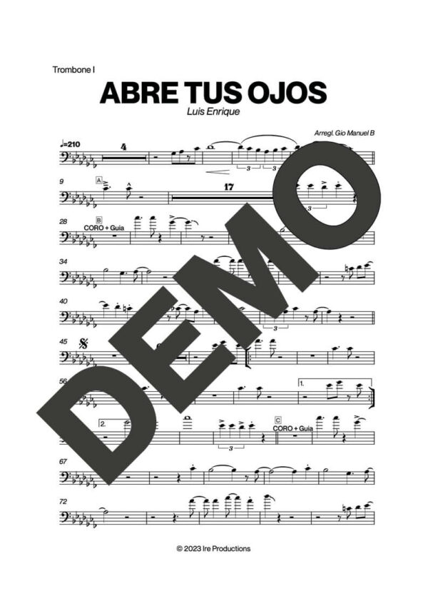 Luis Enrique – Abre Tus Ojos – Sheet Music Demo Page 2 (PDF) – Includes charts for Trumpets, Trombones, Saxophone, Piano and Bass