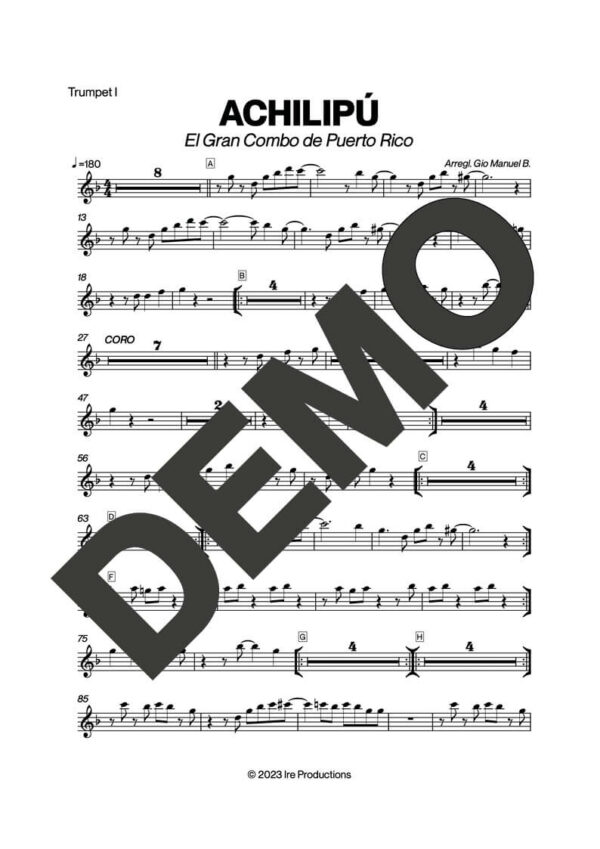 El Gran Combo de Puerto Rico – Achilipú – First Page of Sheet Music Preview (PDF) – Includes charts for Trumpets, Trombones, Saxophone, Piano and Bass