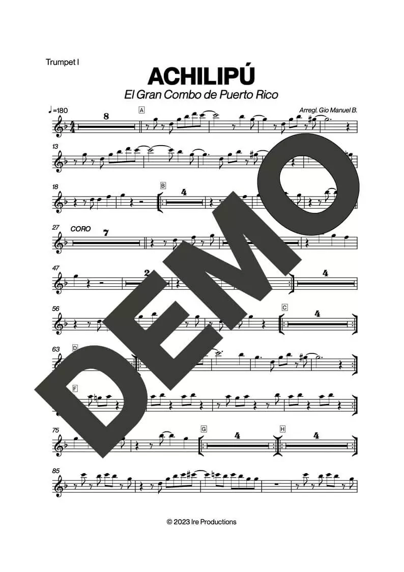 El Gran Combo de Puerto Rico – Achilipú – First Page of Sheet Music Preview (PDF) – Includes charts for Trumpets, Trombones, Saxophone, Piano and Bass
