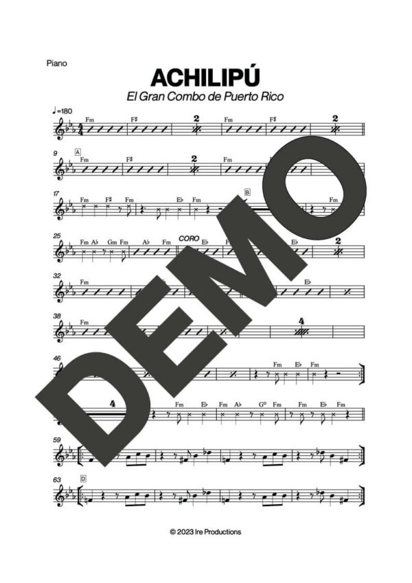 El Gran Combo de Puerto Rico – Achilipú – Sheet Music Demo Page 2 (PDF) – Includes charts for Trumpets, Trombones, Saxophone, Piano and Bass