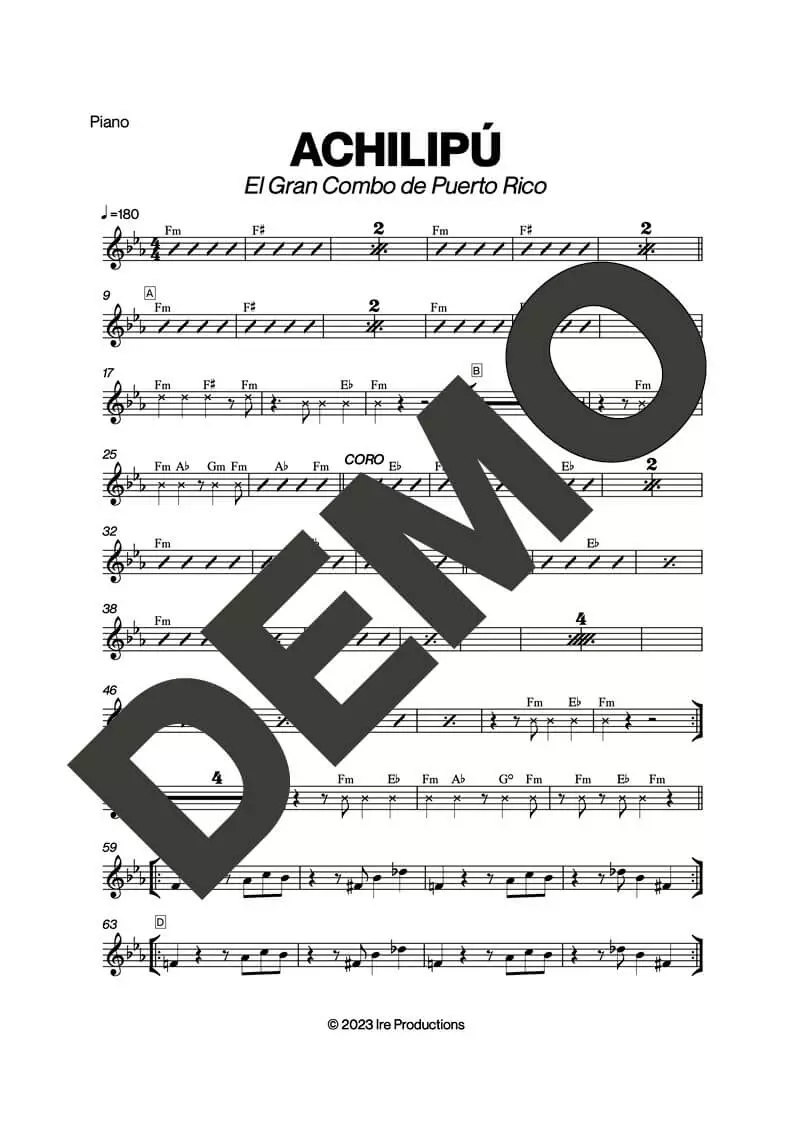 El Gran Combo de Puerto Rico – Achilipú – Sheet Music Demo Page 2 (PDF) – Includes charts for Trumpets, Trombones, Saxophone, Piano and Bass