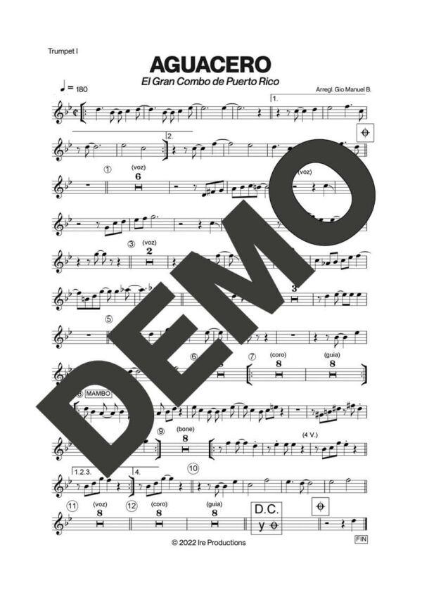 El Gran Combo de Puerto Rico – Aguacero – First Page of Sheet Music Preview (PDF) – Includes charts for Trumpets, Trombones, Saxophone, Piano and Bass