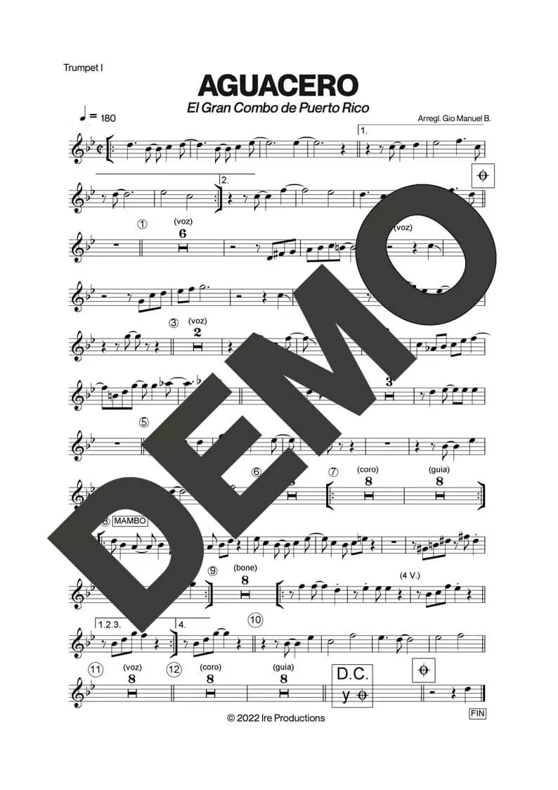 El Gran Combo de Puerto Rico – Aguacero – First Page of Sheet Music Preview (PDF) – Includes charts for Trumpets, Trombones, Saxophone, Piano and Bass