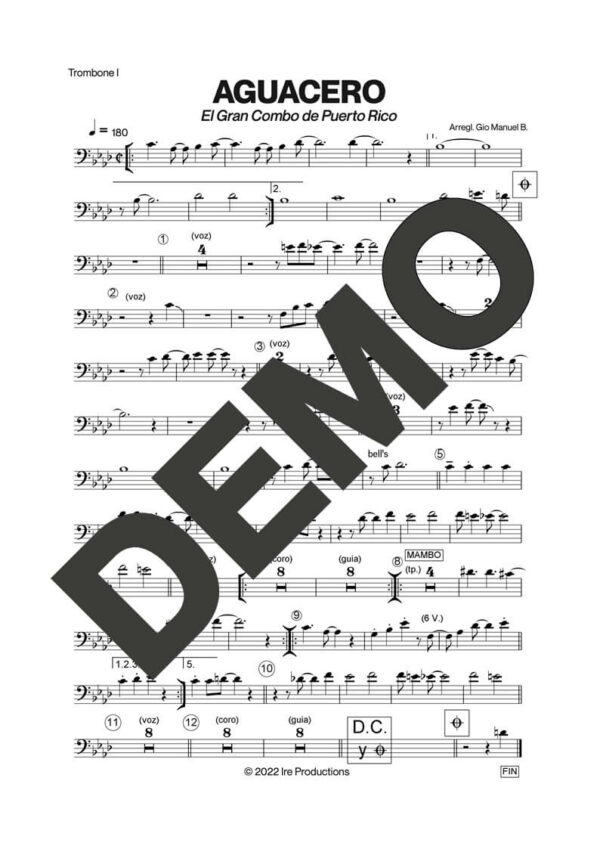 El Gran Combo de Puerto Rico – Aguacero – Sheet Music Demo Page 1 (PDF) – Includes charts for Trumpets, Trombones, Saxophone, Piano and Bass