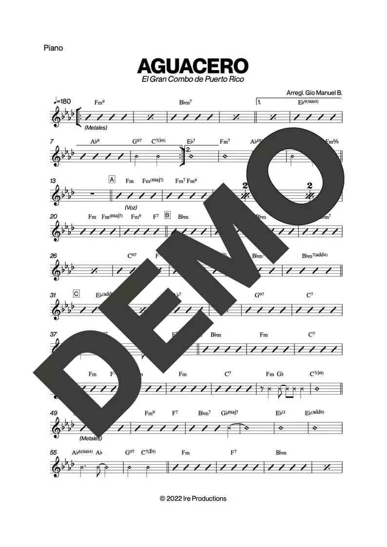 El Gran Combo de Puerto Rico – Aguacero – Sheet Music Demo Page 2 (PDF) – Includes charts for Trumpets, Trombones, Saxophone, Piano and Bass